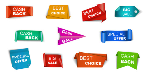 Color stickers with shadows and text. Advertising, labels, advertising banners, discounts. Vector promotion background. EPS 10.