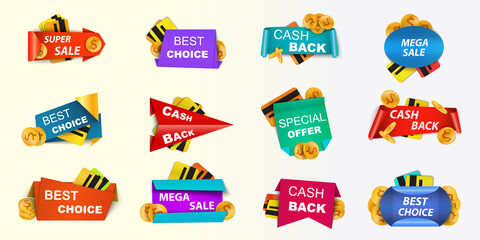 Color stickers with shadows and text. Advertising, labels, advertising banners, discounts. Vector promotion background. EPS 10.