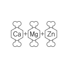 Calcium, magnesium and zinc vitamins for bones. Ca, Mg, Zn set. Vector clipart and drawing. Isolated illustration on white background.