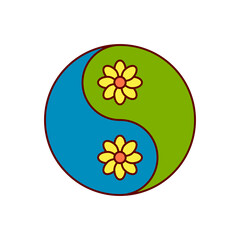 Yin Yang symbol with flower. Colored vector illustration on a white background. Outline and line style.