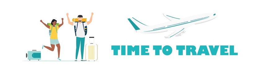 Travel. People at the airport fly on a journey. Summer rest. Family travel. Vacation with friends. Vector illustration.