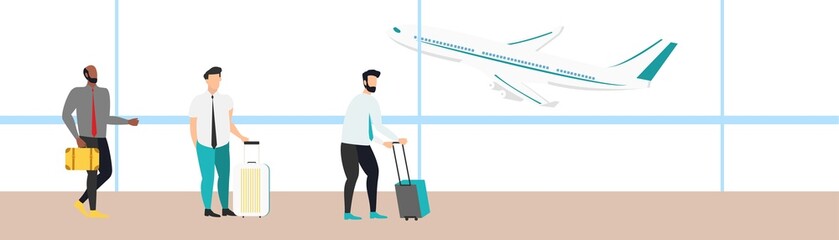 Travel. People at the airport fly on a journey. Summer rest. Family travel. Vacation with friends. Vector illustration.
