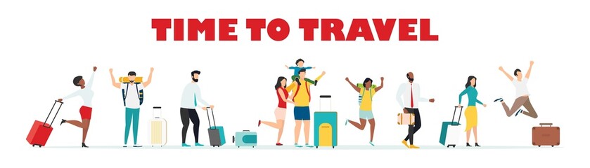 Travel. People at the airport fly on a journey. Summer rest. Family travel. Vacation with friends. Vector illustration.