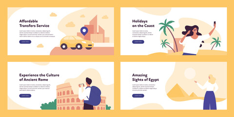 Travel concept and sightseeing collection. Vector flat illustration. Banner template set. Taxi on city background. Male and female tourist on beach and famous places.