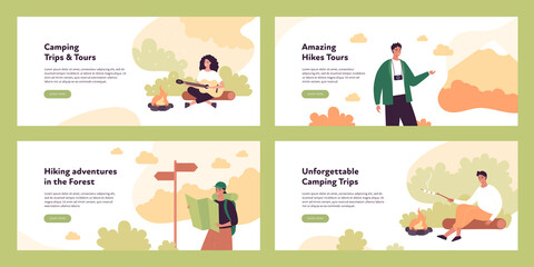 Travel, camping and nature tourism concept collection. Vector flat illustration. Banner template set. Male and female tourist rest in camp near bonfire, make photo and follow a map.