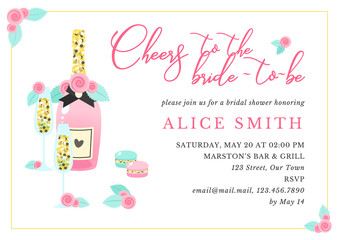 Bridal Shower invitation template. Bachelorette party background decorated with pink champagne bottle, wine glasses and roses. Vector 10 EPS.