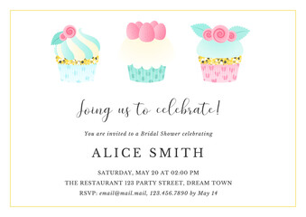 Bridal Shower invitation template. Bachelorette party background with tree creamy cupcakes decorated with roses and strawberries. Vector 10 EPS.
