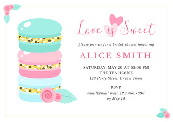 Bridal Shower invitation template. Bachelorette party background decorated with macarons and roses. Vector 10 EPS.