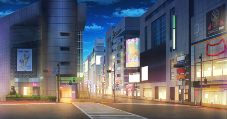 Fototapeta premium Shibuya the shopping center Night, 2D Anime background, Illustration. 
