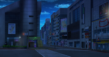 Shibuya the shopping center Midnight, 2D Anime background, Illustration.	
