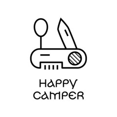 Happy Camper text and vector outline penknife logo