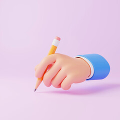 3D cartoon business hand holding pencil, isolated on purple background, 3D render illustration.