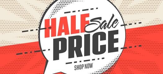 Sale banner template with half price promotion - obrazy, fototapety, plakaty