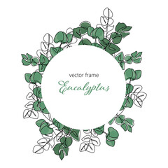 Vector frame in eucalyptus leaves and branches wreath with space for text. Vector floral card design.