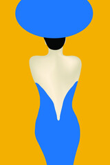 A high fashion portrait of a woman wearing a stylish blue hat and dress is featured.