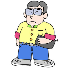 赤い裏地の黄色いシャツを着たメガネの男性