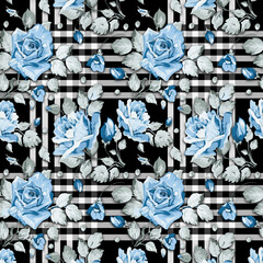 blue and white background with flowers
