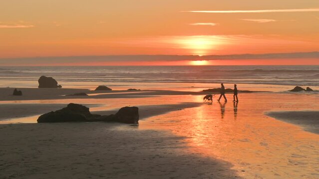 Silhouetted couple with dog walks on Oregon Coast beach at sunset.