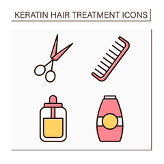 Keratin hair treatment color icons set. Shampoo, serum, scissors and comb. Beauty procedure concept. Isolated vector illustrations