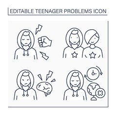 Teenager problems line icons. Emotional flashes, skipping school. Peer pressure, appearance. Social problem concept. Isolated vector illustrations. Editable stroke