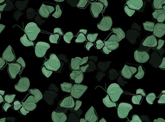 Eucalyptus branch with leaves. Handdrawing in line art style on black background. Seamless pattern. Vector illustration.