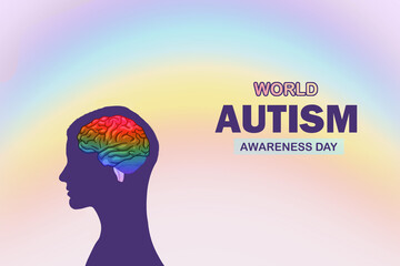 Autism concept illustration with child head and colorful rainbow brains. Banner, charity