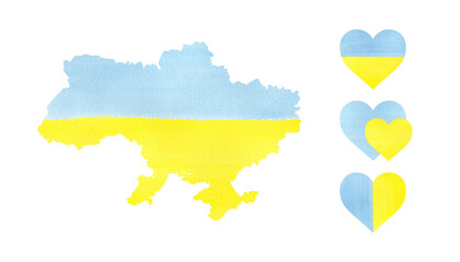 Watercolor map of Ukraine. Ukrainian flag. Heart shape.