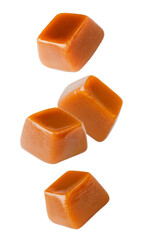 Flying caramel cubes isolated on white background. Set of caramel candies. - 509179381