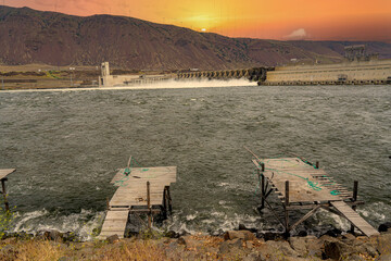John Day Dam on the columbia River, showing two Indian fishing platforms, the spillways, fish ladder and navigation locks, Rufus Oregon.  Focus stacked to insure sharp focus.