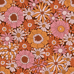 Groovy seamless pattern with flowers. Vector hand-drown illustration.