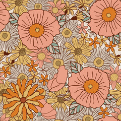Groovy seamless pattern with flowers. Vector hand-drawn illustration.