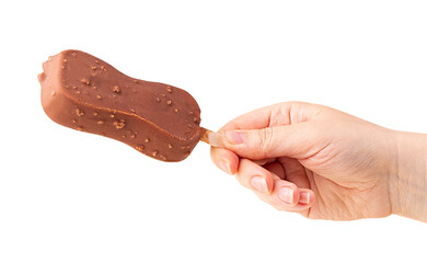 chocolate ice cream with pieces of nuts on hand