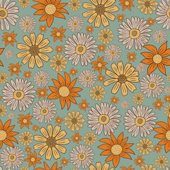 Fototapeta na wymiar Groovy seamless pattern with flowers. Vector hand-drawn illustration.