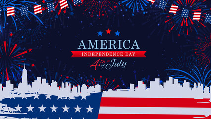 United states of america 4th of July celebration banner background with us grunge flag, USA cityscape, and firework burst on navy blue background. Vector illustration.
