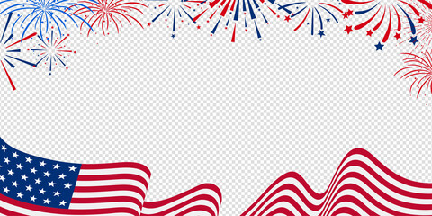 United states of america celebration banner template with us waving flag and firework illustration on transparent background. Vector illustration. 