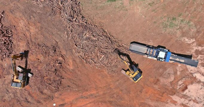 Construction site from of stationary industrial wood shredder of roots trees are chopped on aerial top view