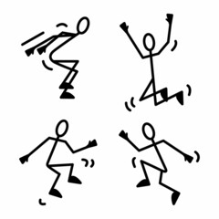 A set of people in various poses imitating movement. Simplified image of a person playing sports. Outline doodle illustration.