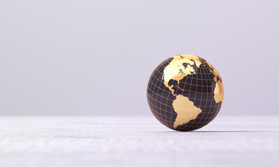Black with gold globe on a white background. America, Brazil. 3d render.
