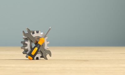 Repair sign on a wooden surface. 3d render illustration.