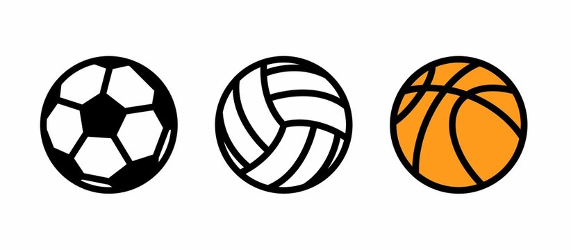 Set of balls for sports games. Basketball, volleyball and football balls. Infographics of sports balls for team games. Cartoon illustration in the style of flat and contour graphics.