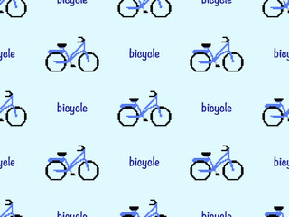 Bicycle cartoon character seamless pattern on blue background. Pixel style..