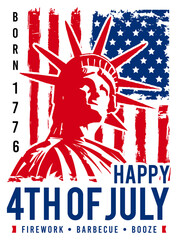 Modern 4th of July sign, symbol, t-shirt illustration design with the statue of liberty and our flag. Vector design.