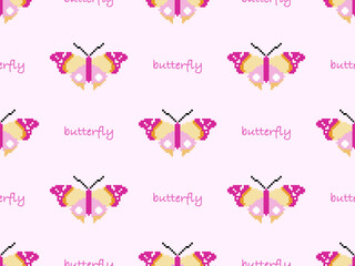 Butterfly cartoon character seamless pattern on pink background. Pixel style..