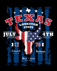 Texas longhorn, 4th of July sign, symbol, t-shirt design with us flag and slogan of texas lone star state. Vector illustration.