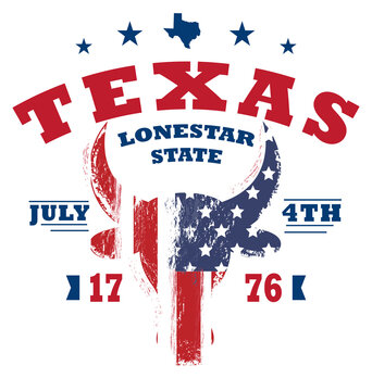 Texas longhorn, 4th of July sign, symbol, t-shirt design with our flag and slogan of texas lone star state. Vector illustration.