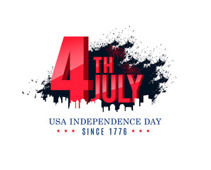 4th of July independence day 3d typography design with us firework and cityscape on grunge background. Vector illustration. 