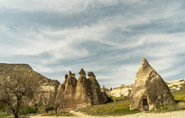 Pasabag Monks Valley with most popular fairy chimneys and mushroom shaped rocks in Cappadocia,...