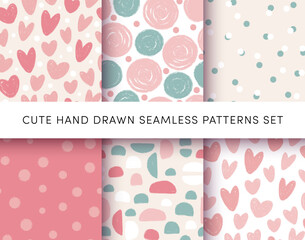 Cute Hand Drawn Seamless Patterns Set. Abstract shapes, circles and hearts with paint brush stroke grunge texture. Vector Ink textured backgrounds for fabric design, wallpaper, wrapping paper, print