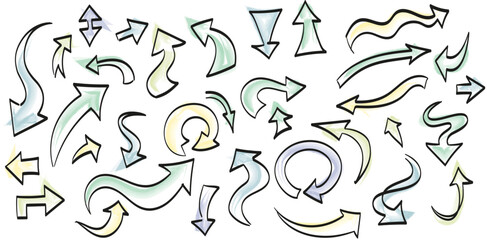 Collection of black hand drawn arrows on white background. Vector arrows for web and advertising banners.