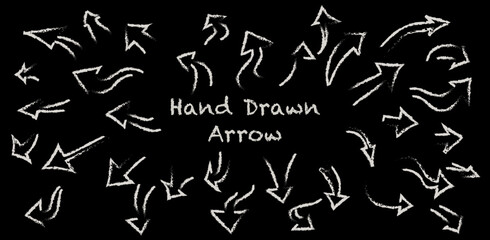 Collection of white hand drawn arrows on dark background. Vector arrows for web and advertising banners